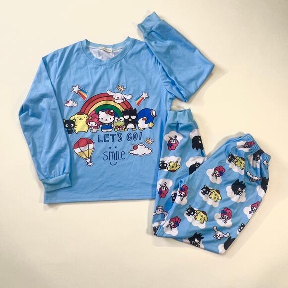Hello Kitty Sanrio Pajama Set Size 10/12 Blue Rainbow Cartoon Sleepwear - Picture 1 of 5